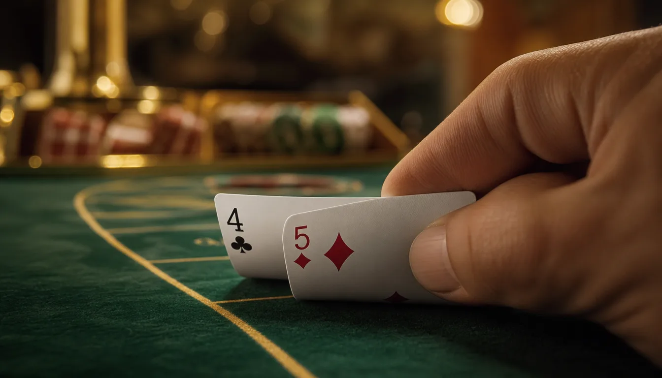 Baccarat natural 9 winning hand showing card values on casino felt table