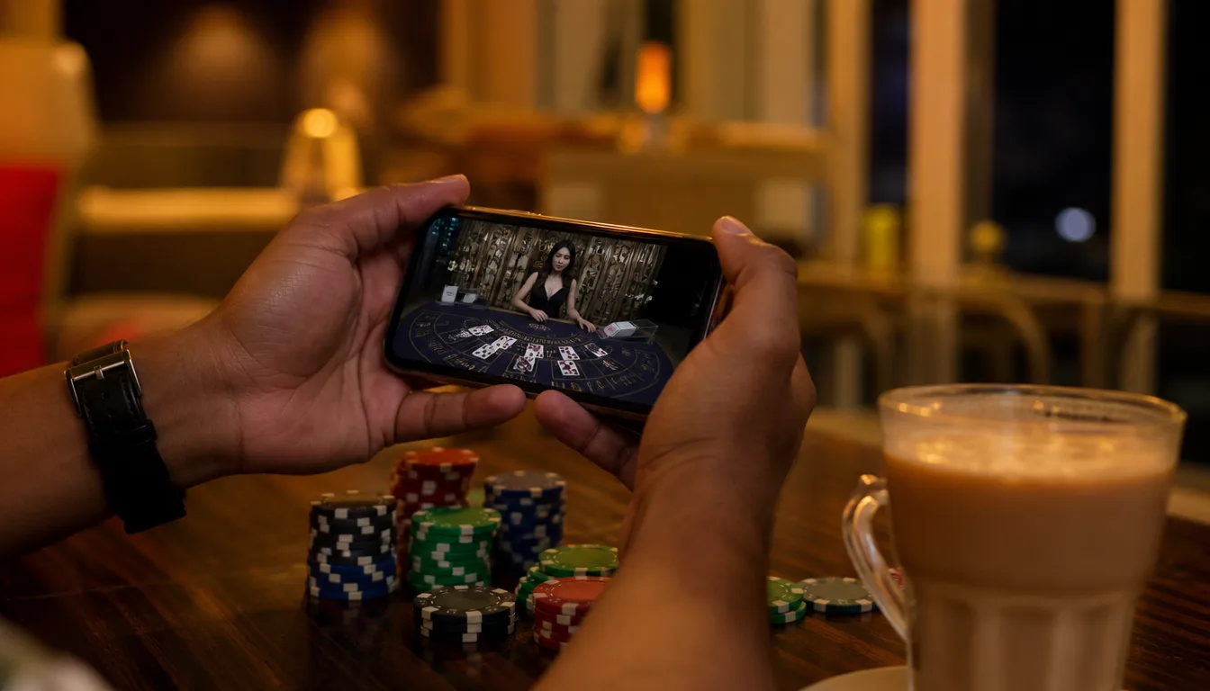 Malaysian player holding smartphone streaming live blackjack card counting session with EE9 casino chips