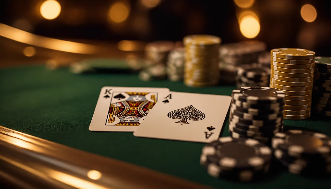 Blackjack card counting hand showing King and Ace natural blackjack with casino chips at EE9 Online Casino Malaysia
