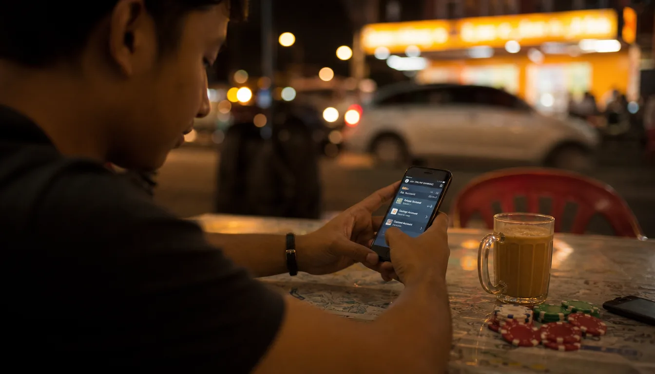 Malaysian player checking online casino balance and DuitNow deposit confirmation on mobile phone at home