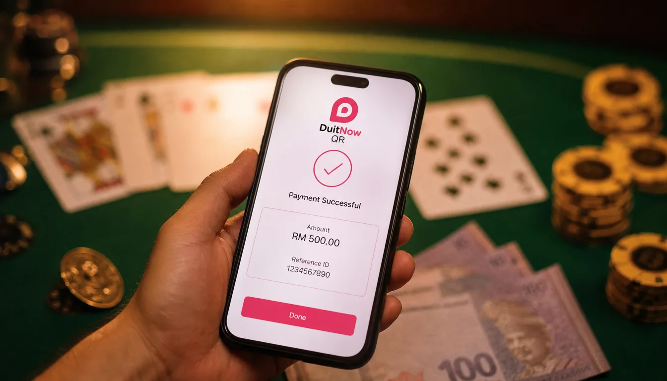 Close up of Malaysian Ringgit notes and smartphone showing DuitNow QR payment for online casino deposit