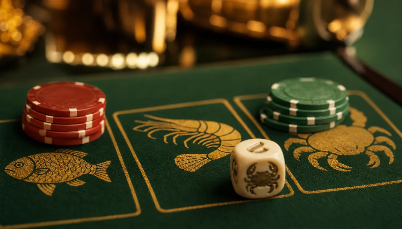 Fish prawn crab betting mat with fish, prawn and crab squares and casino chips for 鱼虾蟹 online